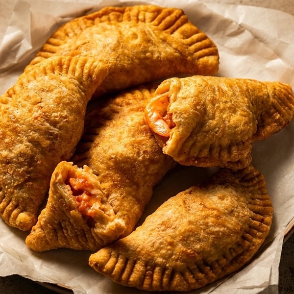Golden-brown empanadas, some split open to reveal a savory filling, on white parchment paper.