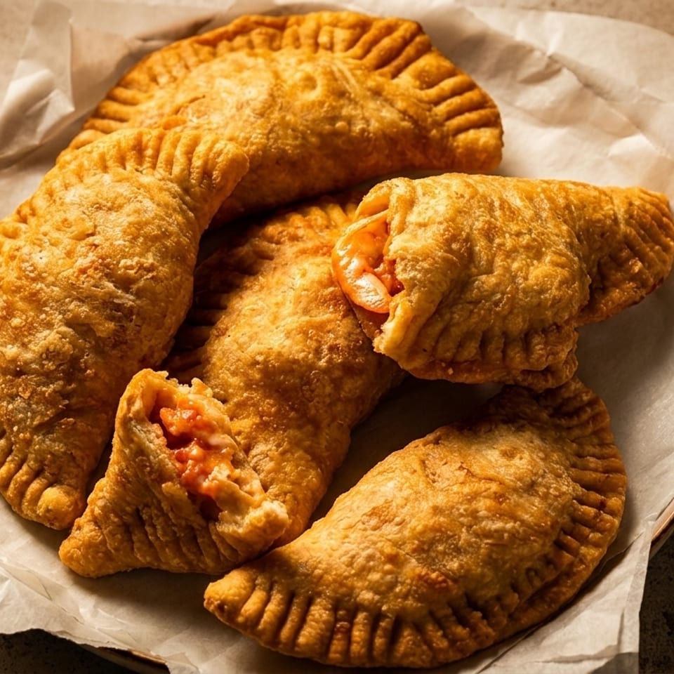Golden-brown empanadas, some split open to reveal a savory filling, on white parchment paper.