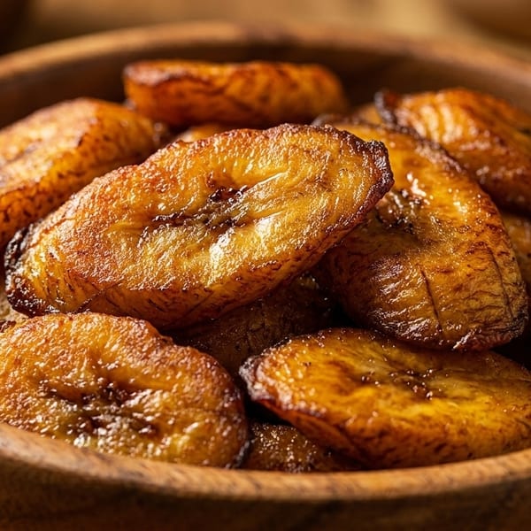 Close-up of golden brown fried plantains in a rustic wooden bowl.