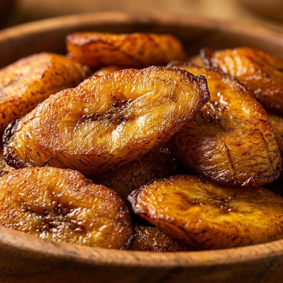 Close-up of golden brown fried plantains in a rustic wooden bowl.