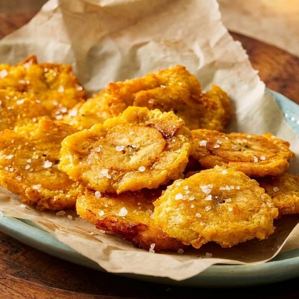 Golden-brown tostones, or fried plantains, sprinkled with sea salt on a light blue plate.
