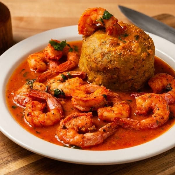 Mofongo with shrimp in a red sauce, garnished with parsley, on a white plate.